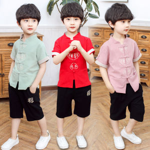 Boys Summer Cotton Linen Short Sleeve Suit Traditional Chinese Tang Costume Style Childrens Wear Comfortable Breathable Thin