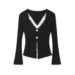 YUEZHONGWEI | Color Block Long Sleeve Knitted Top For Women Chic Stylish Early Autumn New Style Korean Version Slim Fit Button Design V Neck