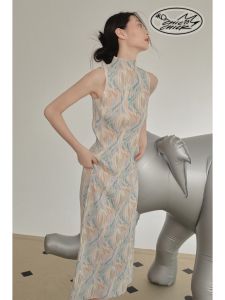 ChicChick Fashionable Chicken Vol9 Gentle Print Handmade Pleated High Collar Sleeveless Top Womens Sweet Countryside Style T-shirt