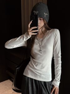 Miiow | Pure Desire Lace Trim V-Neck Long Sleeve Base Shirt Womens Slim Fit Threaded T-Shirt Inner Wear Spring Autumn Top