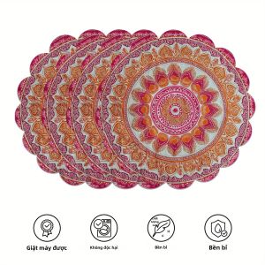 Tấm Lót Bàn Tròn Có Họa Tiết Mandala VIKAMA 4PC Dành Cho Bàn Ăn Quán Cà Phê Chống Thấm & Dễ Chăm Sóc Trang Trí Mặt Bàn Dễ Dàng Bằng Chất Liệu Polyester