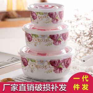 Large Size Ceramic Microwave Safe Food Container with Lid Freshness Preservation Soup Bowl Dormitory Lunch Box Set of Three