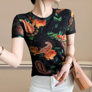 Yimei Áo thun lưới nữ in cổ điển xinh đẹp áo tay ngắn mẹ khí chất cỡ lỡn co giãn Mới Mùa Hè