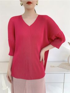 เสื้อเพพลุมความสบายของผู้หญิงและเสื้อยืดแบบหลวมลำลองคอวีครึ่งแขน # S-979F