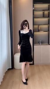 Đầm Nhung Hai Da Cô Cườm - RO142 M L XL XXL Đầm Nhung Dáng Dài Sang Trọng