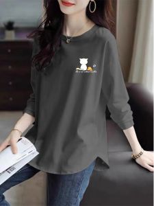 Big Sale Leak-Picking ~ High-End Pure Cotton 100% Womens round Neck Long Sleeves 2024 Autumn New Arrival T-shirt Cover Belly Print Tops