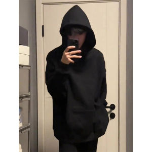 เสื้อฮู้ดทรงหลวมสำหรับผู้ชาย สีดำ เสื้อสเวตเตอร์ฮู้ดทรงหลวมแบบสวมหัว ทรงหลวม ทรงเข้ารูป ทรงหลวม แขนยาว ฤดูใบไม้ร่วง 2024