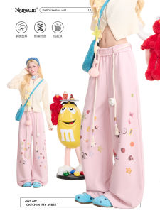 NERESUM Womens Loose Fit Sport Pants Drapey Cartoon Sticker Print Casual Straight Leg Trousers Versatile Long Cotton Blend