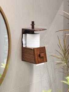 Teak Wall-mounted Toilet Paper Holder with Storage Kitchen Bathroom Toilet Dresser Multifunctional Paper Towel Holder