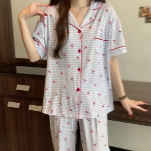 Sweet Cute Cherry Print Pajamas Women 2 Piece Set Soft Loungewear Summer Casual Short Sleeve Pajamas Set Korean Fashion Homewear