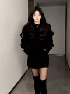 ชุดเดรสสเวตเตอร์มีฮู้ดสำหรับผู้หญิง ทรงเอเข้ารูป ความยาวปานกลาง แขนยาว ปกติ ฤดูใบไม้ร่วง 2025 เสื้อผ้าทำงาน