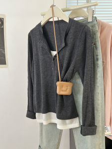 เสื้อยืดคอวีแขนยาวสไตล์อเมริกันย้อนยุคสำหรับผู้หญิง เสื้อชั้นในฤดูใบไม้ร่วง 2025 เสื้อเชิ้ตแขนยาวทรงปกติ แขนยาว เสื้อชั้นใน