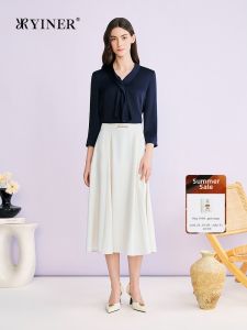 YINER | Summer New Fashion Elegance Ribbon V-neck Satin Acetate Blend Blouse