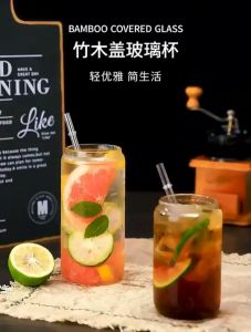 QB glass cup with lid glass cup with straw ins glass cup 玻璃杯子 cup with lid 400ml 540ml Glass Cup With Bamboo Lid gelas