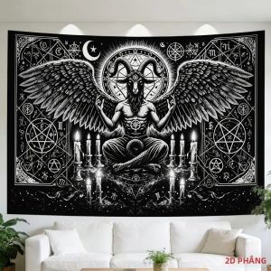 VIKAMA Gothic Baphomet Tấm Thảm Đen Trắng Huyền Bí Sigil Pentagram Treo Tường Đậm Bí Ẩn Nghệ Thuật Trang Trí Cho Ký Túc Xá Phòng Ngủ