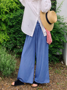 Blue Wide Leg High Waist Loose Fit Denim Pants Womens Summer New Style Hanging Sense Trousers Elastic Waistband Straight Leg