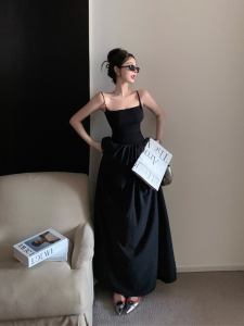 French Hepburn Style Summer Long Dress Womens Gown Elegant Waist-Cinching Backless A-Line Skirt Holiday Wear Asymmetrical