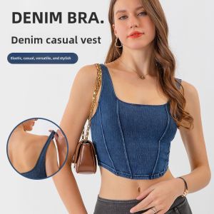 Womens Yoga Fitness Clothing U-Neck Sports Suit Jeans Style Strapless Base Shirt Tank Top Bra Summer Season Sleeveless