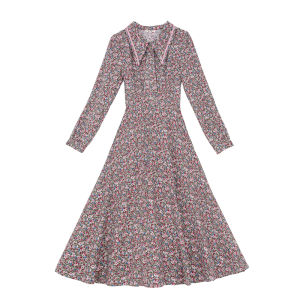 Retro Floral Long Sleeve Cotton Linen Slim Fit Midi Dress Bubble Sleeve Spring Autumn Womens Fashion Commute Style Dress