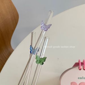 Beautiful Glass Butterfly Straw Eco-friendly Beverage Straw for Coffee Milk Cute Bent Head Straw Environmentally Friendly