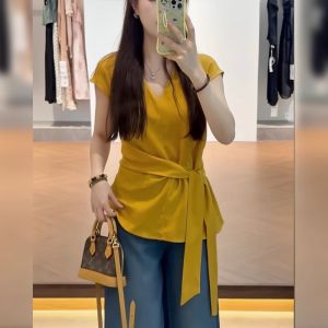 BINKAFENNY | Áo Thun V-Neck Màu Vàng Plus Size có Dây Kéo