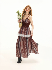 Unifree | Red Bohemian Plaid Lace Vintage Vacation Maxi Dress