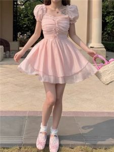 French Style Bubble Sleeve White Dress Womens Summer High Waist Fairy Skirt Short Dress Elegant Princess Gored Pleated A-Line Dress