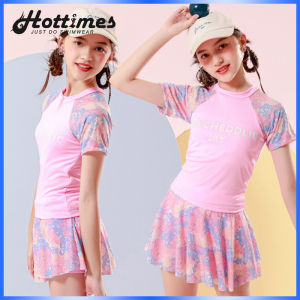 Swimming Outfit for Girls (7-15 Years) Conservative 2-Piece Terno Swimwear with Skirt & Short Sleeves Pink Swimsuit