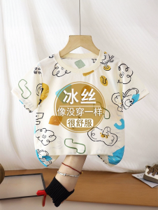 Childrens Summer Ice Silk Short Sleeve T-Shirt Cartoon Print Casual Thin Home Clothes round Neck Pullover Top for Kids