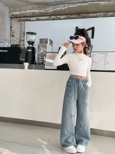 Fashion Jeans for Kids Girls 5-16yrs Cotton Butterfly Embroidery Maong Straight Ripped Loose Baggy Korean Pants Maong Pants For Kids Girl