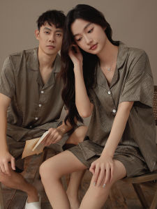 [Cool Feeling] New Arrival Couple Pajamas Summer Ice Silk Thin Mens and Womens Fancy Short Sleeve Shorts Homewear Suit