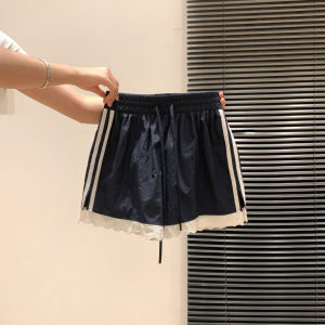 Simple Casual Blue Lace Hem Sports Shorts Womens High Waist Straight Leg Pants Summer New Sweet Design Sensation OIKA