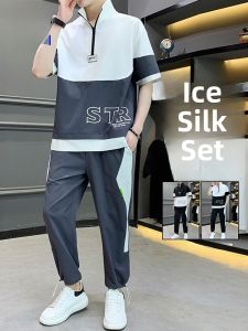 ROMON | Lomond Mens Casual Sports Set Summer Half Zipper Stand Collar Polo Shirt Ice Silk Running T-Shirt Two-Piece Suit Polyester Fiber