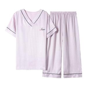 MiiOW | ชุดนอนผ้าไหมน้ำแข็งแขนสั้นคอวีสำหรับฤดูร้อน เสื้อผ้าสำหรับใส่อยู่บ้านไซส์ใหญ่ สไตล์เรียบง่าย เสื้อผ้าทำงาน สวมใส่สบาย