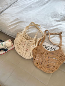 Casual Large Capacity Woven Cotton Thread Hollow out Straw Bag Lazy Style Single Shoulder Beach Bag Vacation Womens Handbag