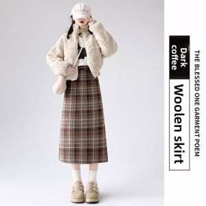 MiiOW | High Waist Plaid Woolen Mini Skirt Womens Autumn Winter New Style A-Line Midi Skirt Open Slit Bodycon Skirt Retro Style