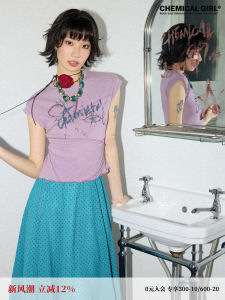 Chemistry Girl Taboo Romance Spliced T-Shirt Womens Loose Short Sleeve Irregular Hem INS Style Top Cotton Polyester Blend