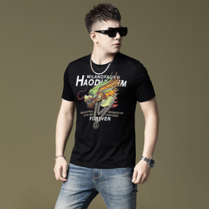 Summer Thin Short Sleeve T-Shirt Mens Fashionable Casual Half Sleeve Body Shirt Geometric Pattern Print round Neck Cotton Blend