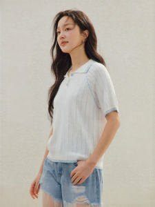 INMAN | Polo Neck Lacy Short Sleeve Summer New White Sweater