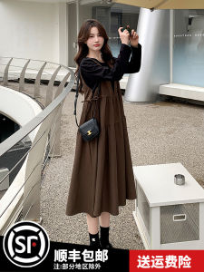 Korean Style A-Line Dress Spring Autumn High Waist round Neck Long Sleeve Midi Skirt Fake Two-Piece Splicing Design College Wind Womens Dress