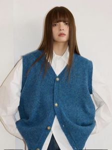 Elegant Loose Knitted Open Cardigan Vest Top Womens Spring Autumn Sleeveless Outerwear Fashion Commute Style V-Neck Single Button