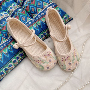 Casual Embroidered Cotton Linen Womens Shoes Floral Pattern Flat Heel Beijing Style Traditional Cloth Shoes round Toe Slip-On