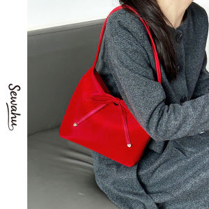 2025 New Wedding Red Bag Womens Underarm Handbag Small Bridal Purse Korean Style Synthetic Leather Inner Pocket Magnetic Buckle