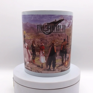 FF7 MUG (Final Fantasy 7 remake rebirth) gamer inspired for hot and cold drinks coffee water soda juice (with cloud tifa aerith barrett cid red xiii caith sith and vincent)