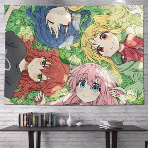 VIKAMA Bocchi The Rock Anime Wall Tapestry Four Girls Green Band Manga Home Decor Lightweight Soft Durable Cozy Aesthetic Gift