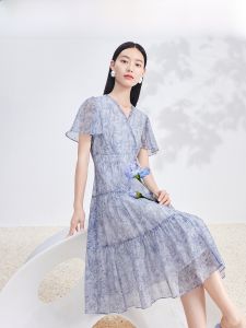 Finidi Summer 2024 Floral Print Beach Vacation Waist-Cinching V-neck Dress Womens H-Line Midi Skirt Short Sleeve Casual Style