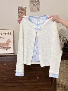 Sweet Style Splice Long Sleeve Womens Inner Wear Short Top Butterfly Knot Striped Patchwork Fake Two-Piece Cream Universe