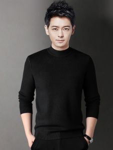 ROMON | Romon Mens Knitted Sweater Slim Fit Thickened Warm Mid-Neck Half High-Neck Black Winter Business Casual Long Sleeve Top