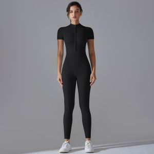 Naked zipper short sleeved yoga suit jumpsuit quick drying breathable outdoor sports tight fitting jumpsuit fitness suit