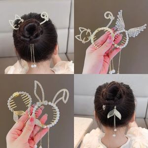 Childrens Meatball Hair Clasp Clip Pearl Rhinestone Hair Claw Clip Flower Rabbit Wings Horsetail Buckle Bun Ponytail Holder Hair Clip